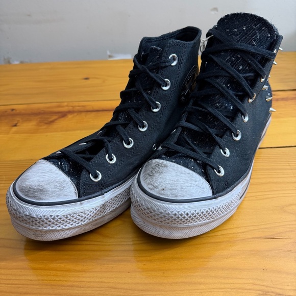 Converse Black High-Tops CTAS with Silver Spikes Distressed Style Lifted No Wear - Picture 3 of 13
